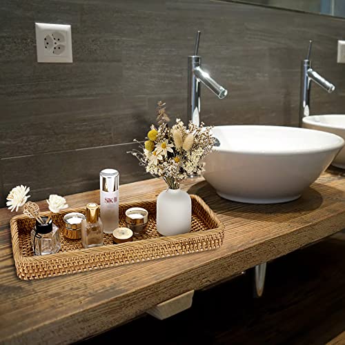 Sumnacon 16 Inch Rattan Bathroom Vanity Tray - Decorative Wicker Toilet Tank Tray for Paper Hand Towel, Vintage Storage Basket Bin for Bathroom Kitchen Toilet Tank Vanity Countertop Table Shelf - color: Yellow, size: 16" x 6.5" x 1.8"