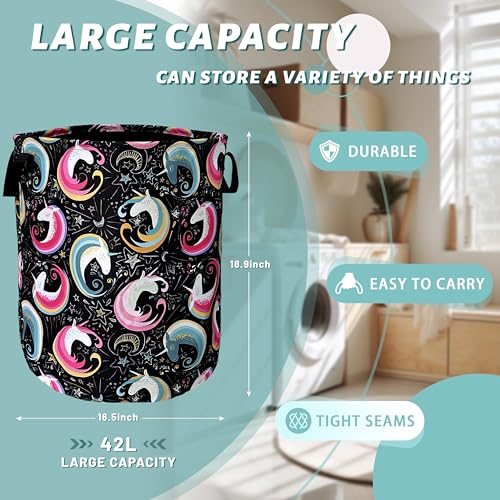 Colorful Unicorn Laundry Basket Foldable With Handles Tote Bag Oxford Cloth Funny Animal Laundry Hamper Clothes Storage Bucket Toy Organizer 18.9" x 16.5" For Bathroom/Laundry/Bedroom - color: Cute Unicorn