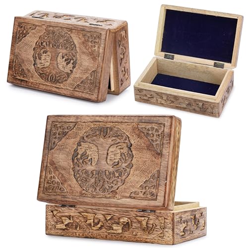 Ajuny Wooden Jewelry Box - Hand Carved Mango Wood Tree of Life Celtic Carving Decorative Multipurpose Keepsake Box, Treasure Chest Memory Box Organizer Travel Trinket Holder Case Gifts - 8x5 Inch - style: Celtic Tree