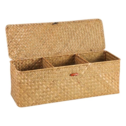 Moosky Wicker Shelf Baskets with Lid, Seagrass Basket for Storage Rectangular Woven Baskets Boxes 3-Section Home Decor Organizer (Natural Large) - color: Natural Large