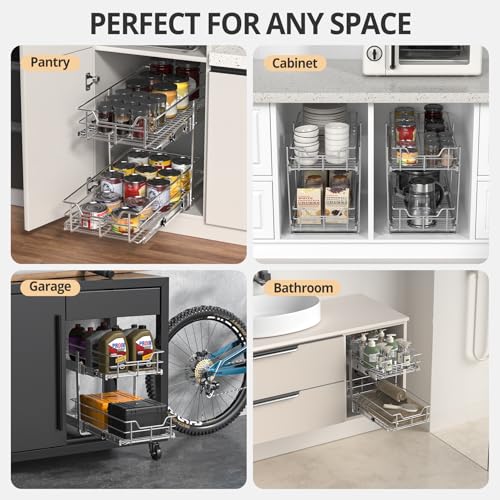 ZOINLIY Pull Out Cabinet Organizer, Versatile Slide Out Kitchen Organizers and Storage,Heavy Duty Drawer Cupboard Storage Basket, Smooth Sliding, Chrome Finish (2-Tiers-11¼''W×22“D) - size: 2-Tiers 11¼''W×22”D