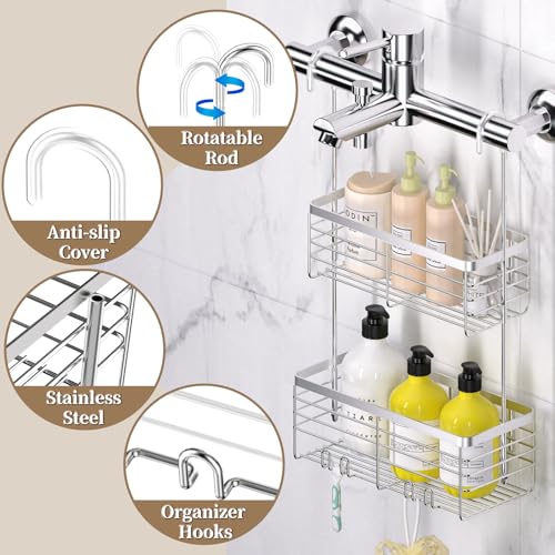DELLAN Hanging Shower Organizer, 2-Tier Shower Rack with Hooks Over the Door, Bathroom Shower Caddy and Basket - color: Silver, size: 2-Tier 11"D x 4.7"W x 4.1"H