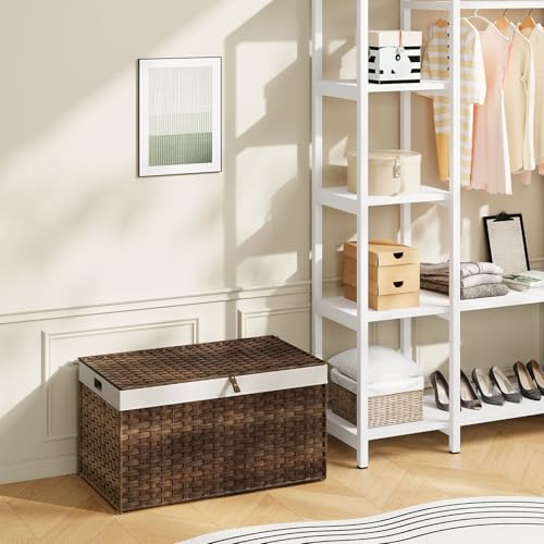 HOOBRO Storage Basket with Lid, 42.3 Gallon (160L) Wicker Basket, Handwoven Blanket Storage Basket with Handles, Metal Frame and Soft Lining, Foldable for Bedroom, Laundry Room, Brown BR216CW01 - color: Brown, size: 29.9"L x 17.7"W x 18.1"H