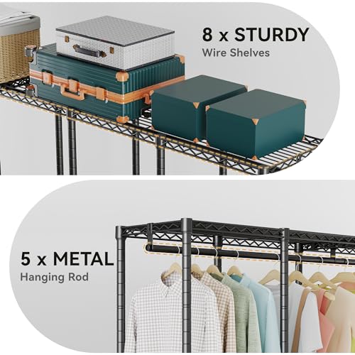 Higeego H5 Extra Large Wire Garment Rack, Heavy Duty Clothes Rack, Freestanding Clothing Rack for Hanging Clothes, Wardrobe Closet with Adjustable Shelf, 93.3" Wx15.7 Dx75.4 H, Black, Load 1400 lbs - color: Black