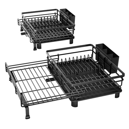 SNTD Dish Drying Rack - Extendable Dish Rack, Large Sink Drying Dish Drainer for Kitchen Counter, Stainless Steel Dish Strainer with Utensil Holder (Black) - color: Black
