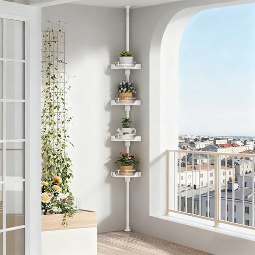 akinbas Shower Caddy Tension Pole with 4 L-Lazy Susan Organizer 360 Rotating 35-128 Inch No Drilling Floor Standing Shelves Adjustable Shower Rack for Bathroom Corner (White) - color: White, size: 4 Tier-Rotation