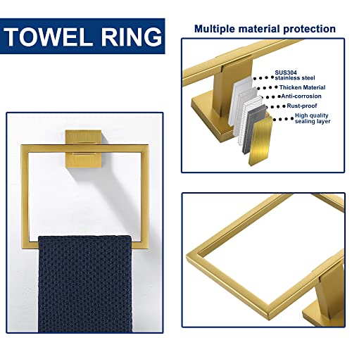 5 Pieces Bathroom Hardware Accessories Set Brushed Gold, 16Inch Bathroom Towel Rack Set SUS304 Stainless Steel, Square Bath Towel bar Set Heavy Duty, Wall Mounted - color: Brushed Gold, size: 16" 5pcs
