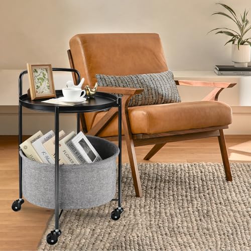 Round Metal Side Table with 2 Tiers of Storage and Wheels, Cart Side Table Tray for Living Room, Bedroom, Black - color: Black