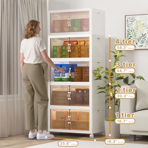 UAMFURI Extra Large Stackable Storage Bins with Lids & Wheels, 480QT-120QT/30GAL*4Pack Foldable Collapsible Closet Organizers Storage Cabinet with Doors for Bedroom Dorm - color: white, size: 4PACK-25"W16"D58"H