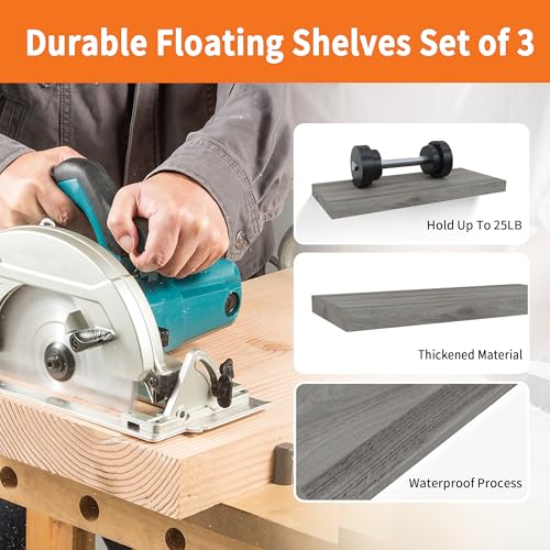 Upassion Floating Shelves for Wall Set of 3, 16" Gray Wall Shelves for Home Decor, Frame Display Floating Shelf for Living Room, Bedroom, Bathroom, Kitchen - color: Grey, size: 16 Inch