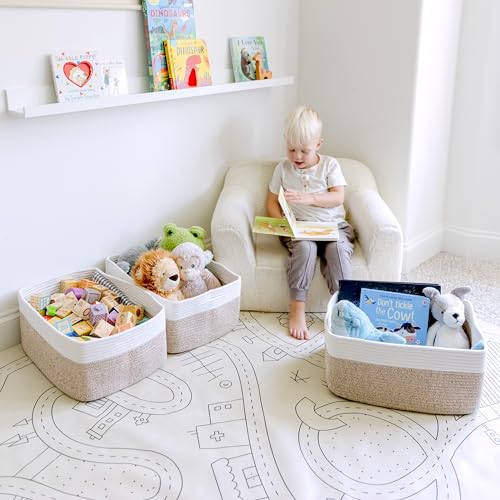 NaturalCozy Storage Baskets 16.8”x13”x7.6” Cotton Rope Woven Baskets for Organizing 3-Pack | Toy Storage Bins | Basket for Shelves, Laundry, Blanket, Clothes, Closet, Kitchen, Bathroom, Gifts - color: Off White & Mixed Brown