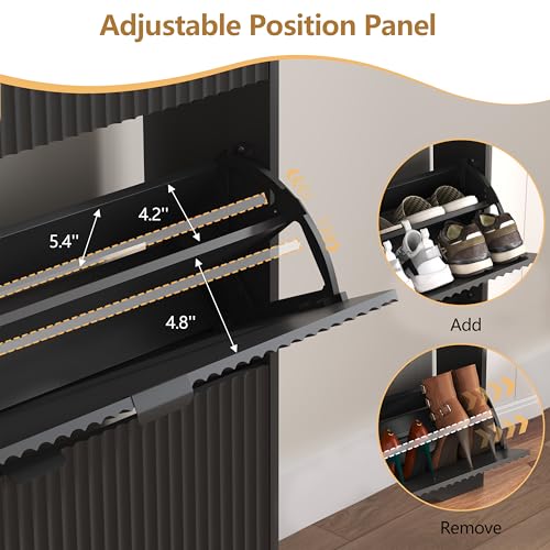 HUANLEGO Shoe Cabinet Storage for Entryway with 3 Flip Drawers, Black Fluted Shoe Cabinet with Adjustable Shelves, Wooden Hidden Shoe Rack Freestanding Narrow Slim Shoes Storage for Hallway, Entrance - color: Black, size: 3 Drawer