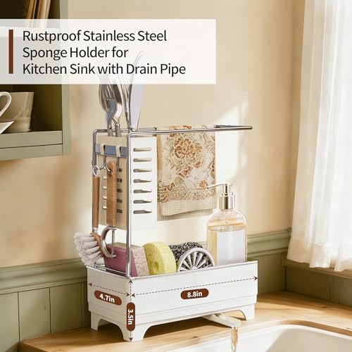 MOUKABAL Sponge Holder for Kitchen Sink, 2-Tier Sink Caddy Organizer with Drain Holes and Hooks, Holds Dishcloth, Sponge & Brushes, Kitchen Countertop Storage for New Home Essentials Off-white - color: Off-White 2