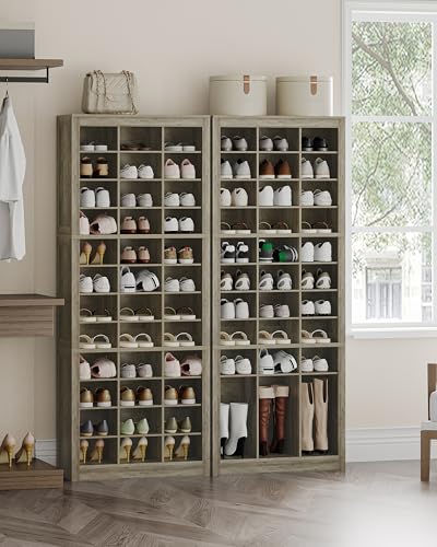 Hzuaneri Shoe Storage Cabinet, 36 Pairs Free Standing Closet Organizer, 8.8 inch Widened Cell Wood Shoe Organizer, 12 Tiers Vertical Space Saving Shoe Rack for Entryway, Cloakroom, Greige SR20705B - color: Greige, size: 36 Pairs