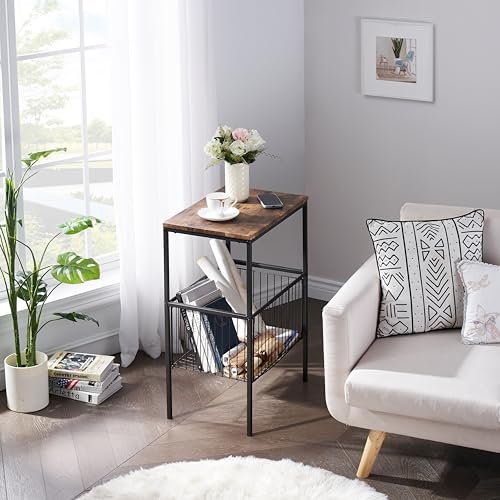 VECELO Tall End Table with Metal Basket,Nightstand with Shelf Storage Organizer, Wood Night Stand with Metal Frame, Waterproof for Bedroom, Living Room, Bathroom - color: Classic Brown(basket), size: 1 Set