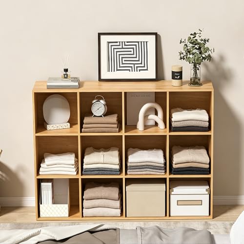 Wooden 12 Cube Storage Organizer with Closed Back Panel,Natural Oak Cube Shelf Cubby Storage Organizer with Compartments for Living,Bookshelf, Easy to Install (Oak, 12-Cube-11in) - color: Oak, size: 12-Cube-11in