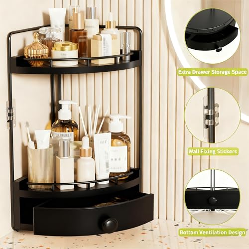 2-Tier Corner Bathroom Counter Organizer with Drawer & Embedded Screw Holes - Wooden Countertop Organizers for Skincare, Makeup Storage, Bathroom Sink Counter Shelf for Vanity, Kitchen, Black - color: Black