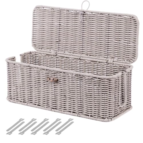 BROWNLILY Cable Management Box, Rattan Style Cord Organizer for Desk Cord Hider Outlet Covers Baby Proofing for Power Strip TV PC Router Charger Under Desk Storage with Lockable Lid and Cable Ties - color: Gray, size: M