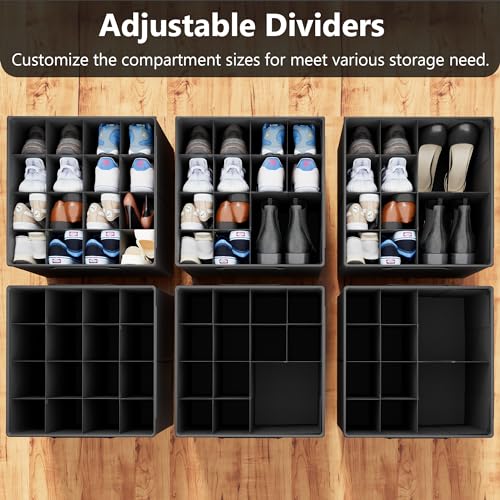 SUOCO 2 Pack Shoe Organizer for Closet, Fits up to 32 Pairs, Small Space Shoe Storage Boxes Bins Containers w/Adjustable Dividers and Clear Top, Black - color: Black