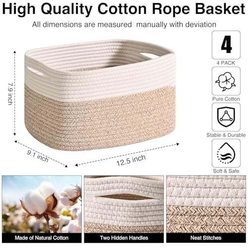 ICERZCZ Storage Baskets for Shelves, Woven Storage Basket, Bins for Cube Storage, Cotton Rope Basket with Handles for Toy, Book, and Clothes Living Room, (4 Packs) Off White & Brown - color: Off White & Brown, size: 12.5"(l)×9.1"(w)×7.9"(h)