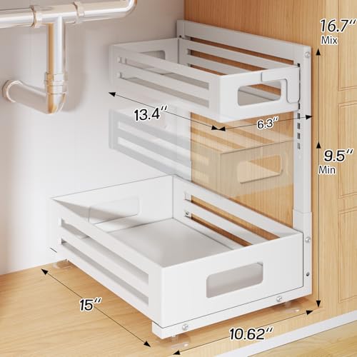 1 Pack Under Sink Organizer,Pull Out Cabinet Organizer with Smooth Cylindrical Rail,Metal Slide Out Drawer for Kitchen Bathroom Laundry Cabinet,8-Level Tool Free Height Adjustable-White - color: White, size: 1 Pack-15"Dx9.5"-16.7"H