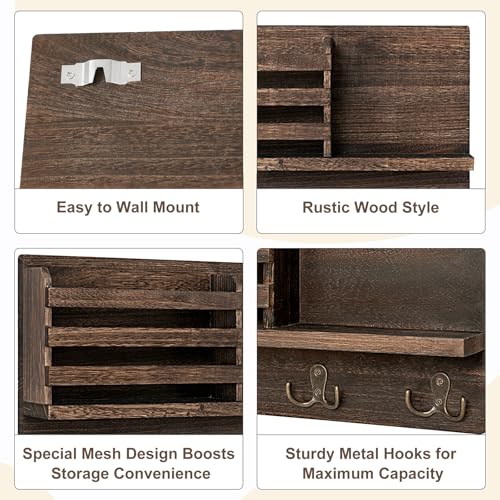 Dahey Wall Mounted Mail Holder Wooden Key Holder Rack Mail Sorter Organizer with 4 Double Key Hooks and A Floating Shelf Farmhouse Rustic Home Decor for Entryway or Mudroom,15.7"W x9.3"Hx3.2"D, Brown - color: Brown