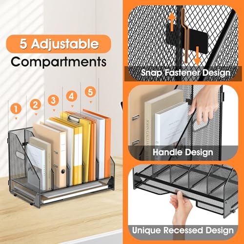 Desk File Folder Holder Organizer-5 Vertical Compartments Racks and Paper Letter Tray,Mesh Magazine File Holder Sorter,Desktop Accessories & Workspace Organizers for Home,Office,School-Black - color: 5 Compartments-Black