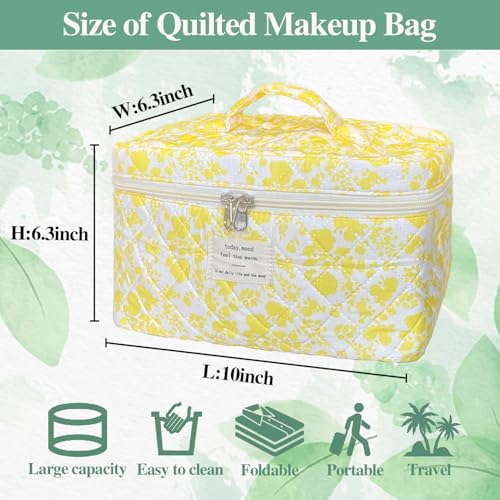 Yellow Large Quilted Floral Makeup Bag Cute Soft Coquette Aesthetic Cosmetic Bag Cotton Travel Toiletry Bag for Women - color: A-Yellow