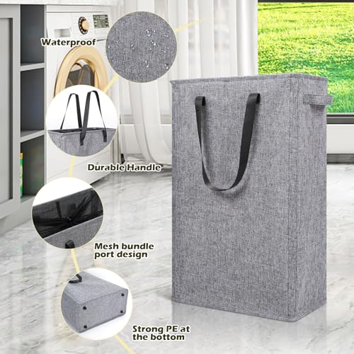 Odonata Slim Laundry Hamper Handles Collapsible Laundry Basket Thin Dirty Clothes Basket Narrow Laundry Bag Foldable Dirty Hamper 45L (Heather Grey) - color: Heather Grey