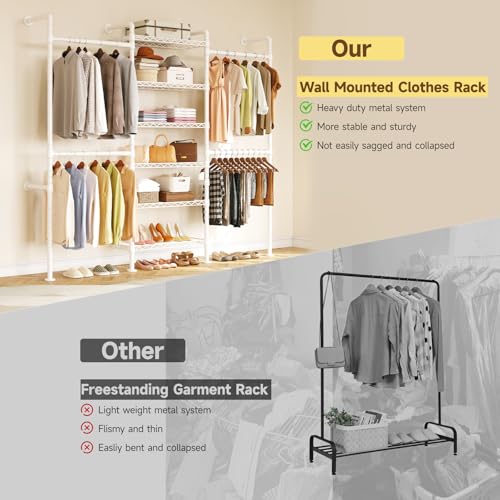 ONBRILL H3 Wall Mounted Closet System, Expandable Industrial Pipe Clothes Rack Clothing Rack for Hanging Clothes, Heavy Duty Closet Organizers and Storage in Wardrobe Closet, White - color: White