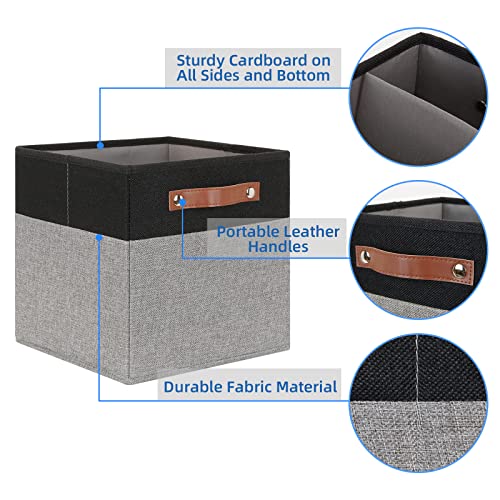 Temary 11 x 11 Cube Storage Bins Fabric Storage Cubes for Shelf, Closet, 4 Pack Cube Basket for Clothes, Storage Cube Bins with Leather Handles(Black&Grey) - color: Black&Grey, size: 11×11×11