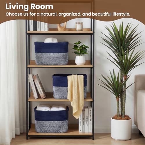 Storage Baskets for Organizing, 14 x 10 x 9” Closet Shelf Woven Baskets, Square Bins with Handles, Cotton Rope Basket for Toys, Clothes, Office, Room, Grey+Blue 3 Pack - color: Grey+Blue, size: 3pcs