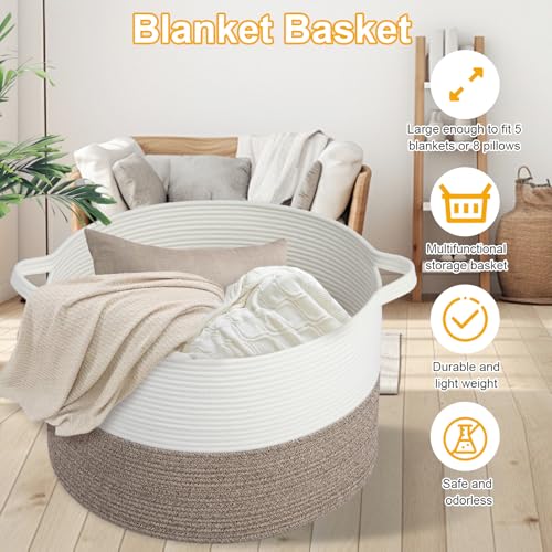 Large Laundry Basket 22''x14''Woven Cotton Rope Baby Blanket Basket for Living Room Girl Laundry Hamper Toy storage Baby basket Nursery Hamper Storage Bin (White+Brown) - color: White//Brown, size: 100L