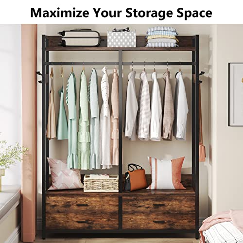 Tribesigns Freestanding Closet Organizer for Hanging Clothes, Heavy Duty Garment Rack with 4 Drawers, 8 Hooks and Storage Shelves, Wardrobe Closet Clothing Rack for Bedroom, Living Room, Rustic Brown - color: Rustic Brown
