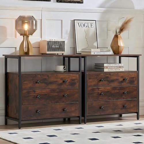 Edbuosy 3 Wooden Drawers Nightstand, 27 Inch Wide Night Stand Set 2 with Charging Station and Adjustable Drawers, Small Dresser for Closet, Bedside Table for Living Room/Bedroom/Office, Retro Brown. - color: 2 Pack, Retro Brown, size: 3 Drawers
