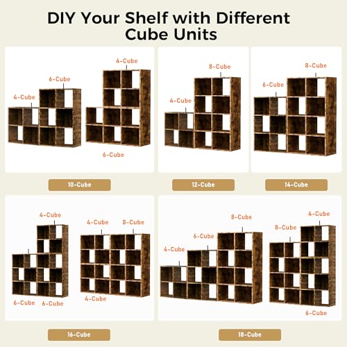 COMHOMA 4 Wood Cube Storage Organizer with Open Back and Removable Back Panels, 11In Brown Cube Storage Bookshelf, Cubicle Shelf Bookcase for Home Office Bedroom Living Room, Vertical or Horizontal - color: 4 Cube-brown