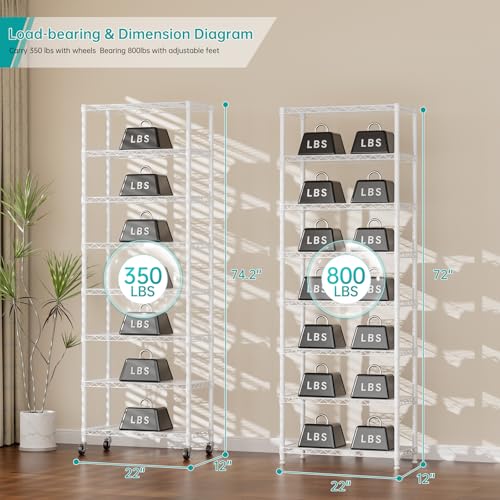 SINGAYE 8 Tier Shelf Organizer Storage Metal Shelves Garage Wire Shelving Unit Pantry Rack Adjustable Standing Storage for Kitchen Closet Laundry Bathroom Pantry 12" D x 22" W x 74" H White - color: White, size: 8Tier/12"D X 22"W X 74"H