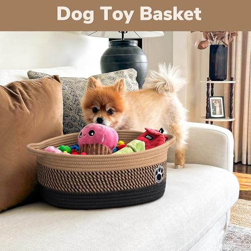 Dog Toy Basket, Woven Storage Baskets for Dog Cat Organizer, Baby Boy Shower Gifts Basket for Bathroom, Nursery Toy Baskets Storage Kids, 13.6"x 10" x 6", Black & Brown - color: Black-Brown, size: 13.6"L x 10"W x 6"H