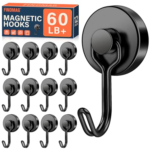 FINDMAG 60 LB+ Magnetic Hooks, 12 Pack Swivel Swing Heavy Duty Neodymium Magnet Hooks for Hanging – Strong Magnet Hooks for Cruise, Refrigerator, Kitchen, Office, Garage, Locker, and Workplace - color: Black, size: 12Pack 60Lbs+