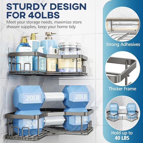 MAXIFFE 3 Pack Corner Shower Caddy with Soap Holder, Large Capacity Sturdy Easy Install No Drilling Stainless Steel Hold 40 LBS Shower Organizer Shelves Rack Storage for Family Renters Bathroom, Grey - color: Grey L