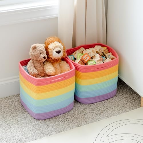 NaturalCozy Storage Cubes 11 Inch Cotton Rope Woven Baskets for Organizing, 3-Pack | Cube Storage Bin | Square Storage Baskets for Shelves Organizer, Classroom, Kids Toy Bins, Closet, Baby Nursery - color: Rainbow