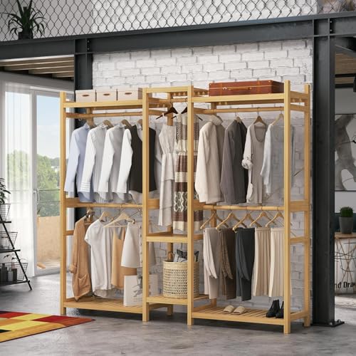 Homykic Bamboo Closet System Clothes Rack, Large Freestanding Garment Rack Clothing Rack for Hanging Clothes with 7 Storage Shelves and 5 Rods, Open Wardrobe Organizer with 4 Hooks, Natural - color: Natural, size: III Large