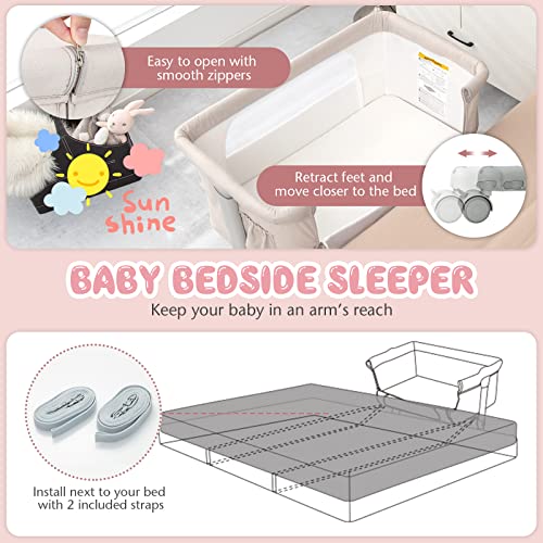BABY JOY Bassinet Bedside Sleeper, 3 in 1 Folding Crib w/Adjustable Height, Mattress, Lockable Wheels, Storage Pocket & Carry Bag for Infant Newborn, Stationary & Rock, Portable Baby Bassinet (Beige) - color: Beige