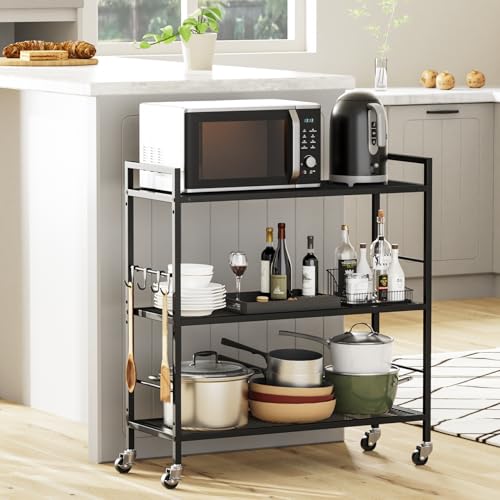3-Tier Metal Storage Rack with Industrial Wheels,Mesh Shelving Unit with Wooden Table top,Adjustable Shelf,31.5-Inch Width, for Kitchen, Laundry,Pantry,Plant,Black panel and black frame - color: Black Panel, size: 3 Tier (31.5"W x 11.8"D)