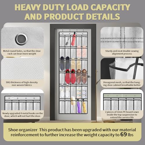 PAULONE Over the Door Organizer with 30 Large Pockets, 3 Sizes of Closet Hangers, Holds up to 69 lbs, Hanging Organizer with Clear Window for Children's Toys, Shoes, Diapers (White) - color: White