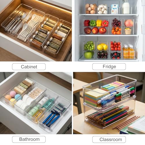 Hudgan 4 Packs Refrigerator Organizers and Storage, 4 Small Stackable Clear Plastic Bins for Pantry Organizer, Home Edit, Kitchen Cabinet, Fridge, Bathroom, Office, Drawer - size: 4S