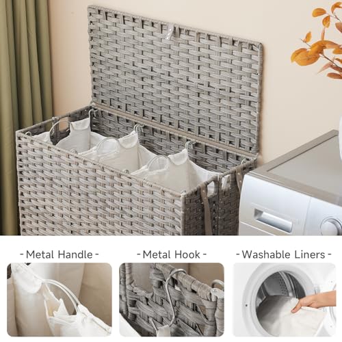 Laundry Hamper with Wheels, 52.8 Gallon(200L) Rolling Laundry Basket with Lid, 3-Section Rattan Clothes Hamper with 3 Removable Liner & 3 Mesh Bags, Laundry Sorter with Side Pocket, Grey - color: Grey, size: 200L（31.5 x 15.75 x 25.6 Inches）
