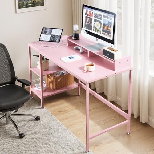 MINOSYS 47-inch Computer Desk with Storage Shelf - Ideal Gaming Desk for Bedrooms, Small Spaces, and Home Offices Modern Writing Desk for PCs,Pink Table. - color: Tx-pink, size: 47 inch