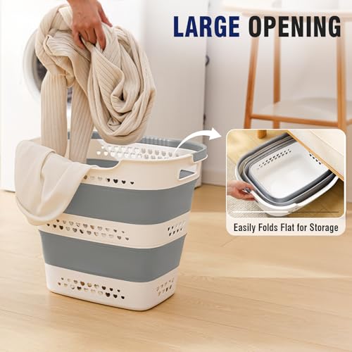 Collapsible Plastic Laundry Basket Hamper with Handles, Large 42L Portable Rubber Clothes Basket, Pop Up Storage Container/Organizer for Washing & Storage, Grey - color: Grey, size: 42L