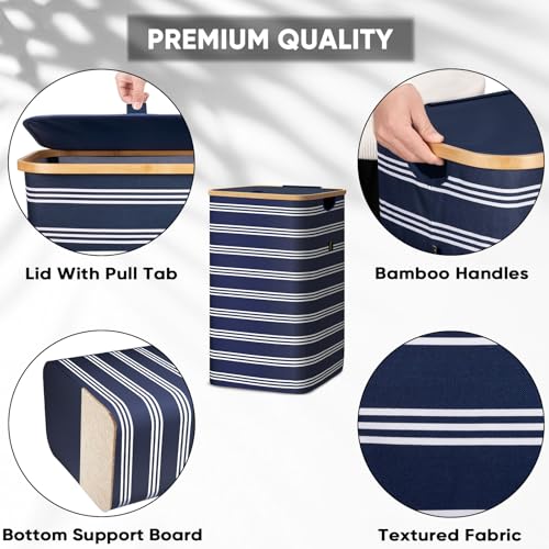 BALEINE Laundry Hamper with Lid, Tall Laundry Baskets with Bamboo Pull Handles, Large Laundry Bin with Internal Support (26 Gal/100L, Blue Pinstripe) - color: Blue Pinstripe, size: 100 liters